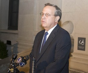 University President Richard Levin addressed the media outside Woodbridge Hall on Sunday evening regarding the human remains found inside the laboratory building at 10 Amistad St.