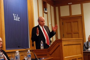 Former Director of National Intelligence John Negroponte ’60 speaks at the Greenberg Conference Center on Monday.