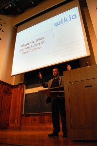 Jimmy Wales, founder of Wikipedia, talks to students Wednesday about free culture online.