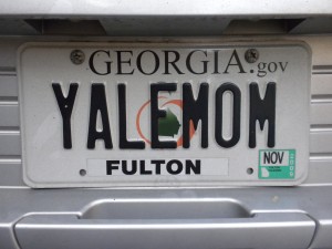 A particularly enthusiastic Yale parent has parked her car, replete with the vanity plate shown here, at the Courtyard Marriott. She said she welcomes gawkers, lollygaggers and photographers.