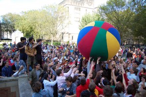 About 1,000 people massed on central campus Saturday afternoon to play bladderball, despite a 27-year-old ban and administrators' skepticism.