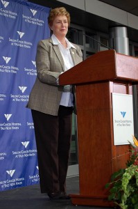 Governor M. Jodi Rell, shown here at the opening of the Smilow Cancer Hospital last month, announced Monday that she will not seek re-election in 2010.