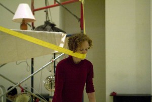 The sculptures that Coates and Ettun interact with are made from ever day objects, like yarn, and audience members occupy the same space as the performance itself.