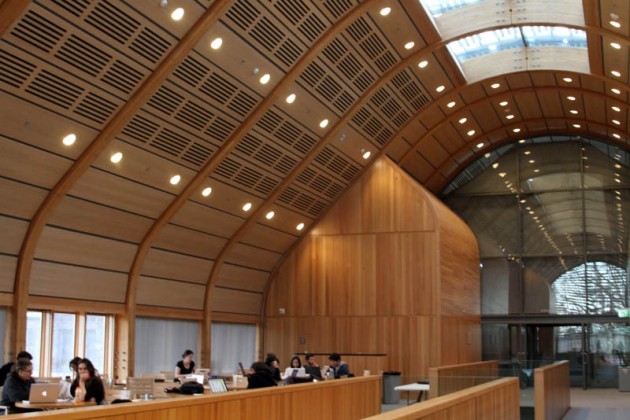 Students enjoy the café and study area, left and top right, respectively, under the canopy of the vaulted ceiling on Kroon Hall’s third floor; bottom right, the entrance to Kroon Hall, which is awaiting confirmation of LEED Platinum certification.