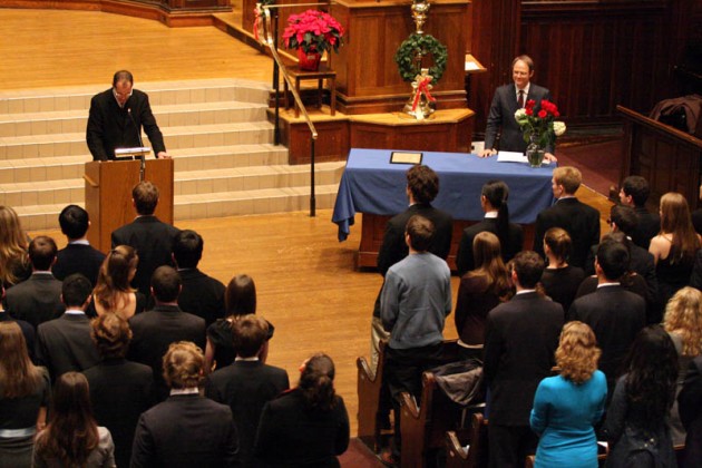 Assistant Dean George Levesque speaks to 62 seniors and 10 juniors at Yale’s Phi Beta Kappa induction ceremony in Battell Chapel in December.