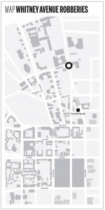 Three people were robbed Monday near the intersection of Sachem Street and Whitney Avenue. A suspect was apprehended at the nearby Gourmet Heaven on Whitney Avenue soon after the incidents.