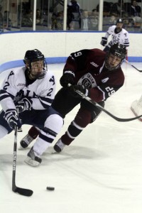 Jeff Anderson ’11 carries the puck into the offensive zone during Yale’s 4-0 loss to RPI last Saturday at Ingalls Rink. The Bulldogs will look to improve upon three-straight weekend splits at home against Dartmouth and Harvard.