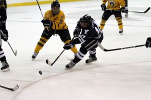 Right winger Broc Little ’11 plays the puck during Yale’s 4–3 loss to Quinnipiac on Feb. 27. Little leads the nation in goals per game and is tied for the lead in game-winning goals and total goals.