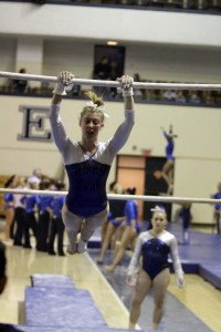 Brigitte Kivisto ’10 finished with a score of 9.750 on the uneven bars in the Bulldogs’ tri-meet win on March 7.
