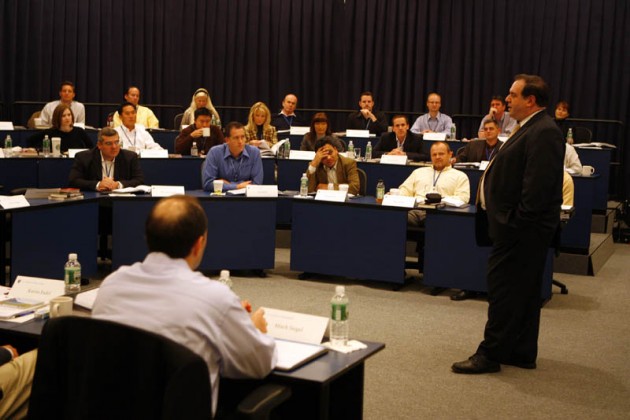 Senior associate dean of executive programs Jeffrey Sonnenfeld gives a lecture to BearingPoint executives at the Omni Hotel in 2007.