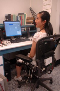A sessile Zheng models the chair, retrofitted with force-sensitive resistors, a distance sensor and, of course, vibrators. But the prototype is far from ready for commercial retail.