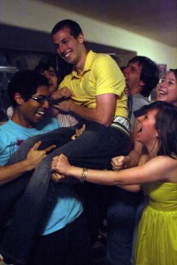 Jeff Gordon ’12 and his supporters react after learning of his victory — by 71 votes — in the YCC presidential runoff.