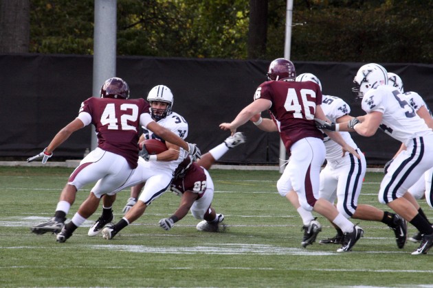 Gio Christodoulou ’11, who missed virtually the entire 2009 season due to injury, returns a kick against Fordham during the 2008 season. He will be back as a wide receiver this season.