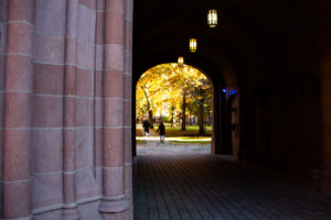 The inside of the Vanderbilt Arch looking out to fall trees on Old Campus.