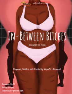 The poster of "In-Between Bitches" featuring a back woman in a pink bikini on a orange background