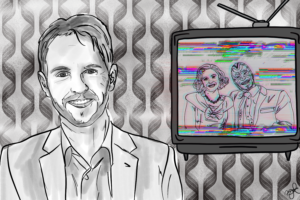An illustration of Shakman and a TV showing the two main characters of the show.