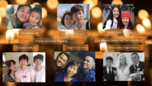 A screenshot of the AACC vigil with the names and photos of some of the victims of the Atlanta shootings