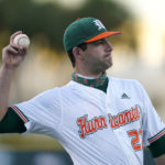CORAL GABLES, FL - FEBRUARY 26: Miami right-handed pitcher/utility Ben Wanger (27) warms up before during a college baseball game between Virginia Tech and the University of Miami Hurricanes on February 26, 2021 at Alex Rodriguez Park at Mark Light Field, Coral Gables, Florida. Virginia Tech defeated Miami 5-3..