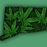 An illustration of Connecticut covered in marijuana leaves.