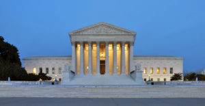 A view of the Supreme Court in the evening.