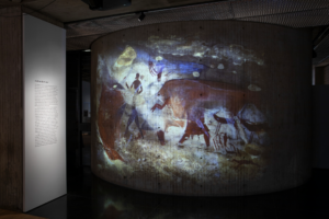 The virtual display of African rock art projected onto the Louis Kahn stairwell, Yale University Art Gallery, showing Group of Antelope and Figures, South Africa, KwaZulu-Natal Province, Kamberg, uMgungundlovu District Municipality, Drakensberg Mountains, Christmas Shelter site, 3000 b.c.e.–19th century.