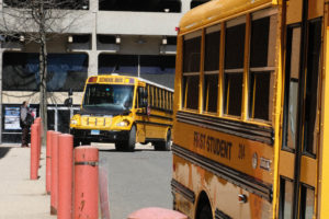 School buses at Co-op high school in New Haven