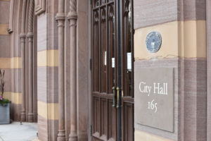 An up close photo of City Hall