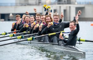 The New Zealand rowers celebrate their gold.
