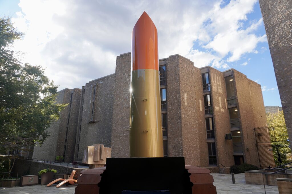 Lipstick sculpture back in Morse courtyard after restoration project